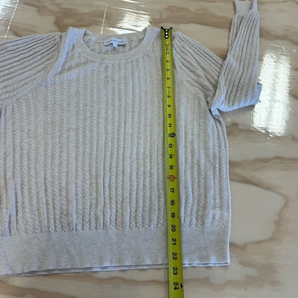 White + Warren Knit Lightweight Linen Blend Beige Cable Knit Crew Neck Sweater L